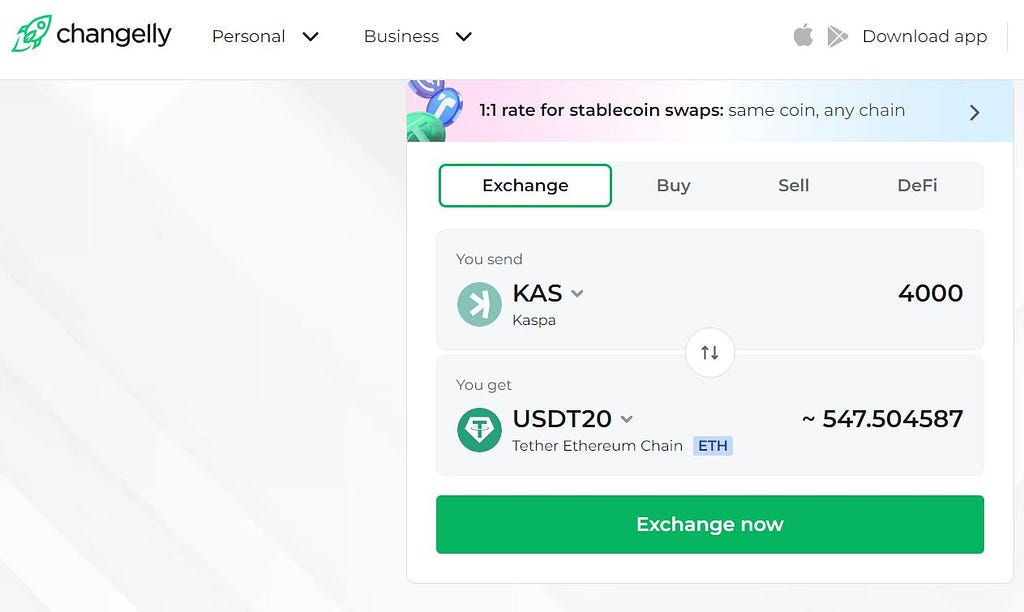 swap Kaspa tokens with Changelly