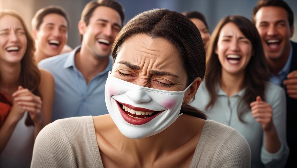 A woman wearing a mask of a smiling face, but beneath it, her real face looks exhausted and unheard. Around her, people laugh and joke, symbolizing how serious gender issues get dismissed as overreactions.