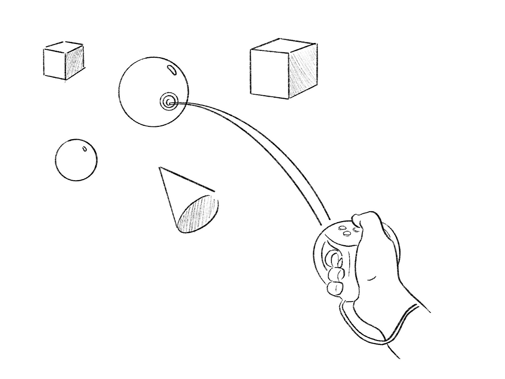 Sketch of floating objects and a hand with a VR controller pointing a laser at one of the objects