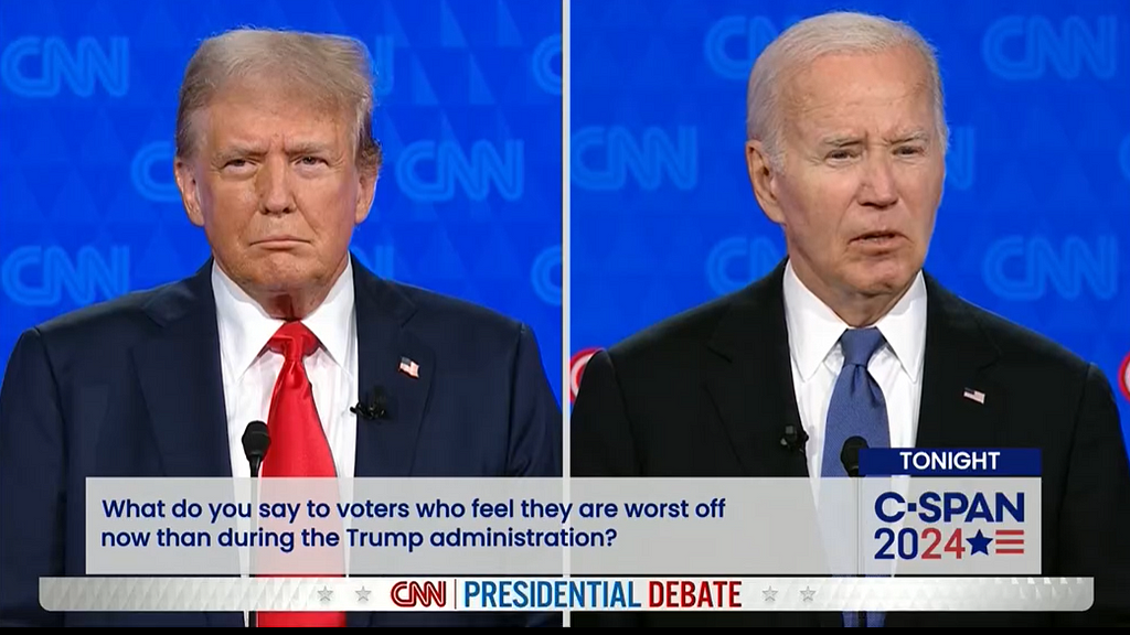 Donald Trump on left glowering while Biden on the right looks like he ate something sour. At the bottom, the chyron reads “What do you say to voters who feel they are worst [sic] off now than during the Trump administration?”