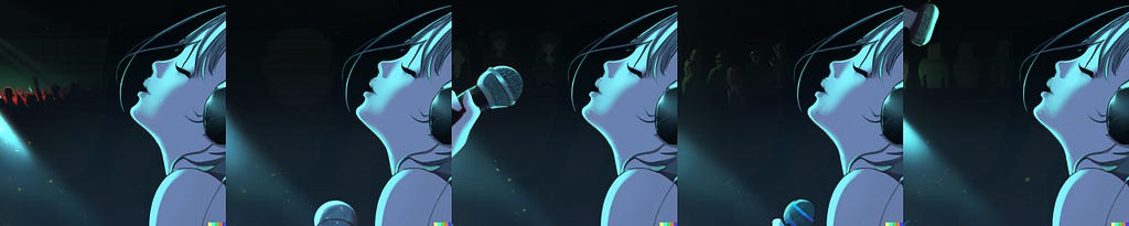 A series of 5 images of girl alpha, this time with a microphone in different positions. Sometimes she is holding it, and sometimes it is just creeping into shot. In the 5th image, the microphone has a more “studio” quality to it and is high above her face in the top left corner.