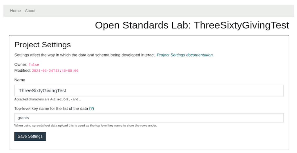 Creating a new project on our Standards Lab instance “ThreeSixtyGivingTest”.