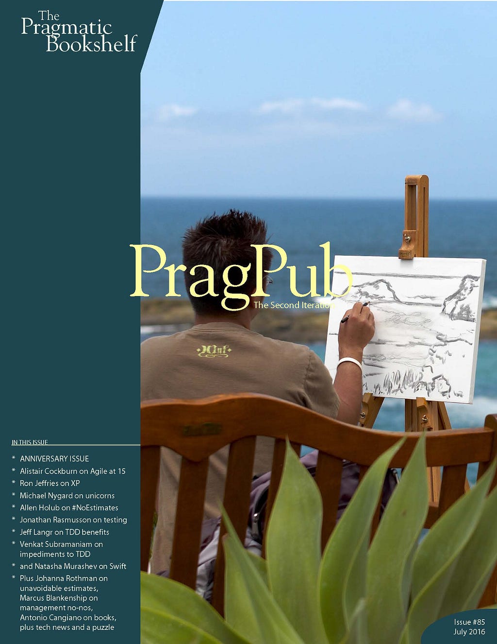 PragPub magazine cover featuring a man drawing a landscape with a body of water in the background