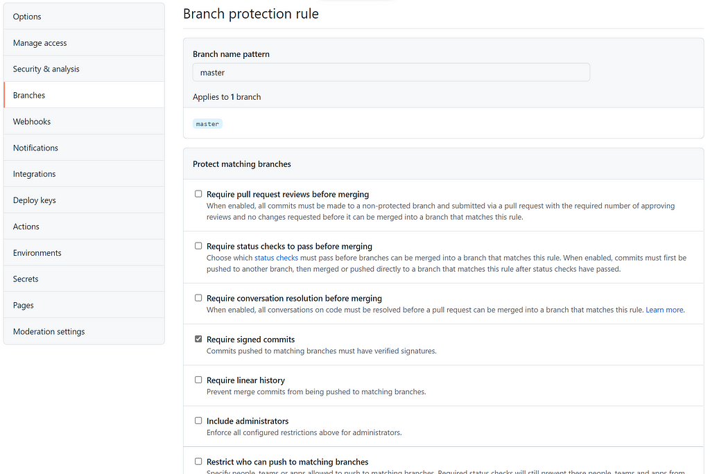 Screenshot showing the Branch Protection Rules configured for the main branch of the cloudwithchris.com repository. It shows that signed commits are required. It showed that require pull request reviews before merging, require status checks to pass before merging, require conversation resolution before merging, require linear history and include administrators are not required.