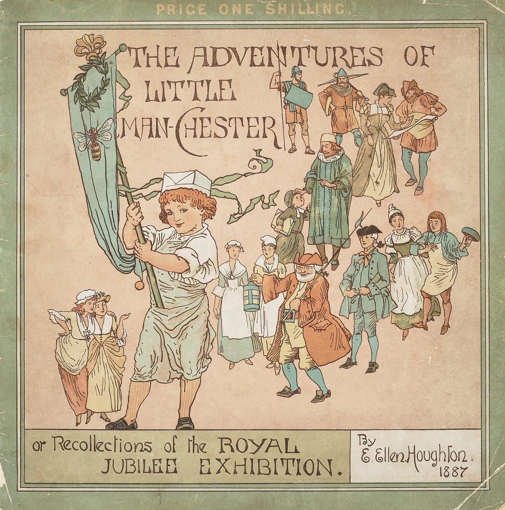 Colourful cover: Young boy in apron holds a banner with a bee, leading a parade of men and women dressed in period costume.