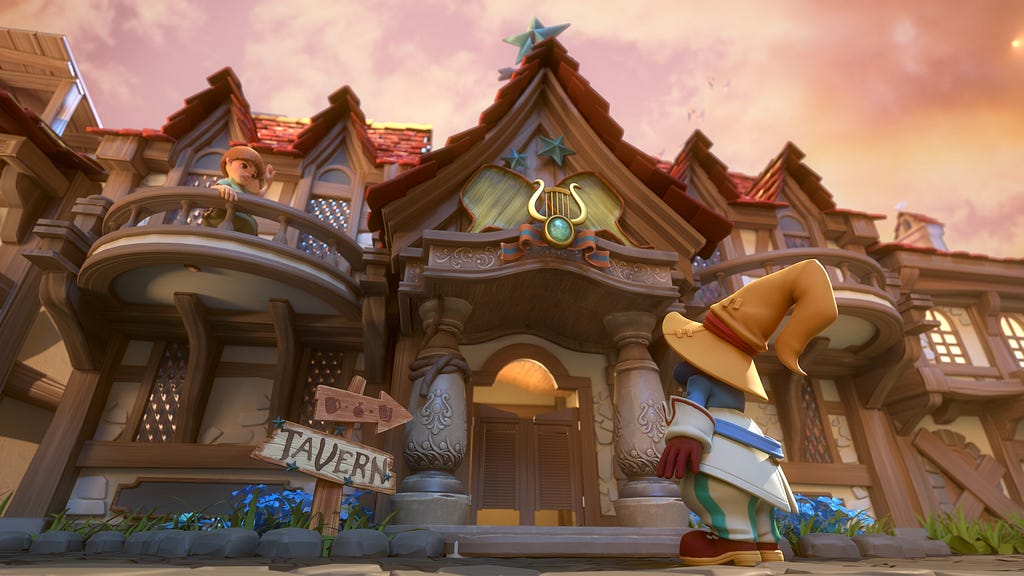 A stylized tavern with a figure standing on a balcony waving to a person on the street below.