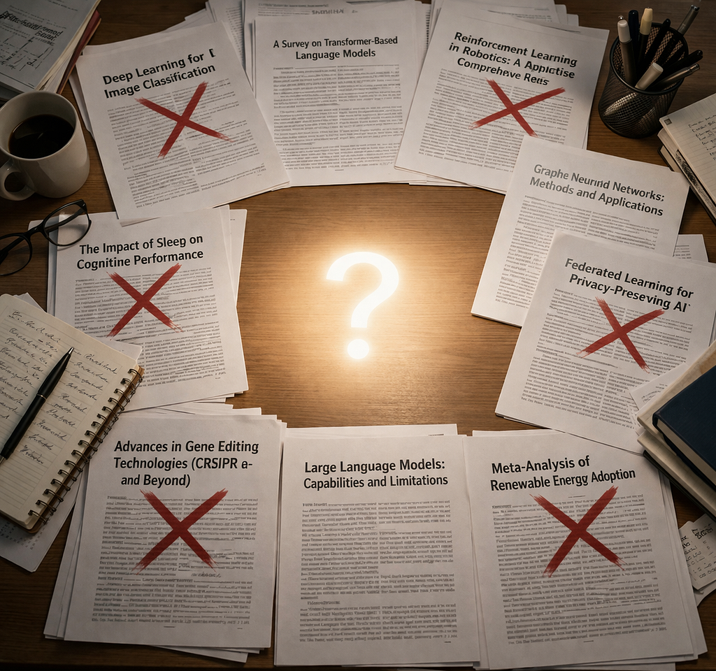 Top-down photograph of a desk covered with research papers, each marked with red crosses. An empty glowing space in the center represents a gap in the existing literature. Anthony Menghi Mindlet https://www.mindlet.app