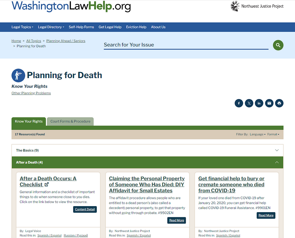 A web page is shown. The color palette of the page consists of blues and greens over a white background. The title of the website is at top and reads “WashingtonLawHelp.org.” Underneath is the title of the page, reading “Planning for Death: Know Your Rights.” Underneath this are two tabs and three boxes with links to several different publications.