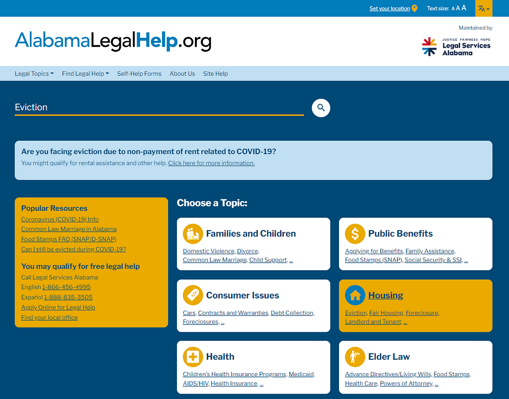 A screenshot of the homepage of AlabamaLegalHelp.org. The homepage features a navigation bar, a welcome box with priority information, a sidebar of popular links, and a layout of legal topics contained in rectangular cards. Those cards include a title of the topic, an icon representing the topic, and hyperlinks to subtopics. One of the cards is being hovered over and has a colorful highlight to indicate to the user that it is clickable.