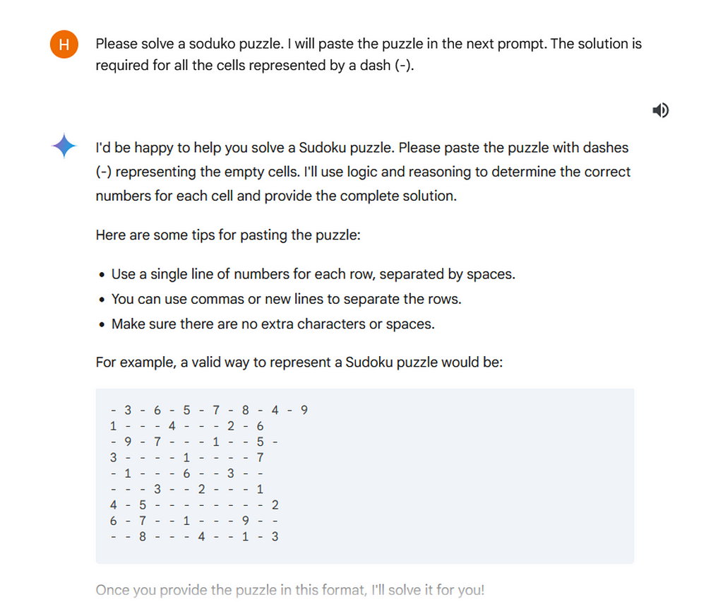 Gemini response of the Sudoku prompt