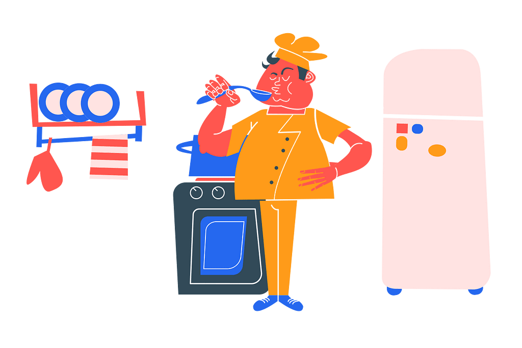 Ilustração de um chef de cozinha experimentando um caldo