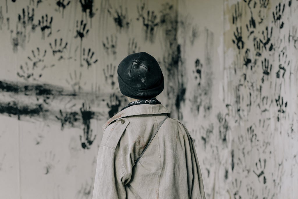 person-in-brown-coat-and-black-hat-standing-near-white-and-black-floral-wall