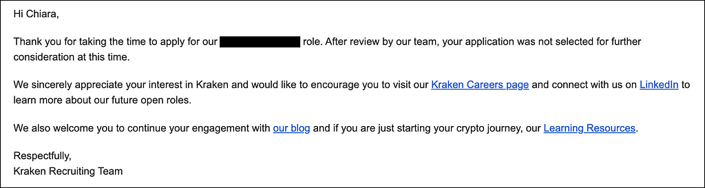 Email received from the Kraken Recruiting Team to communicate the rejection