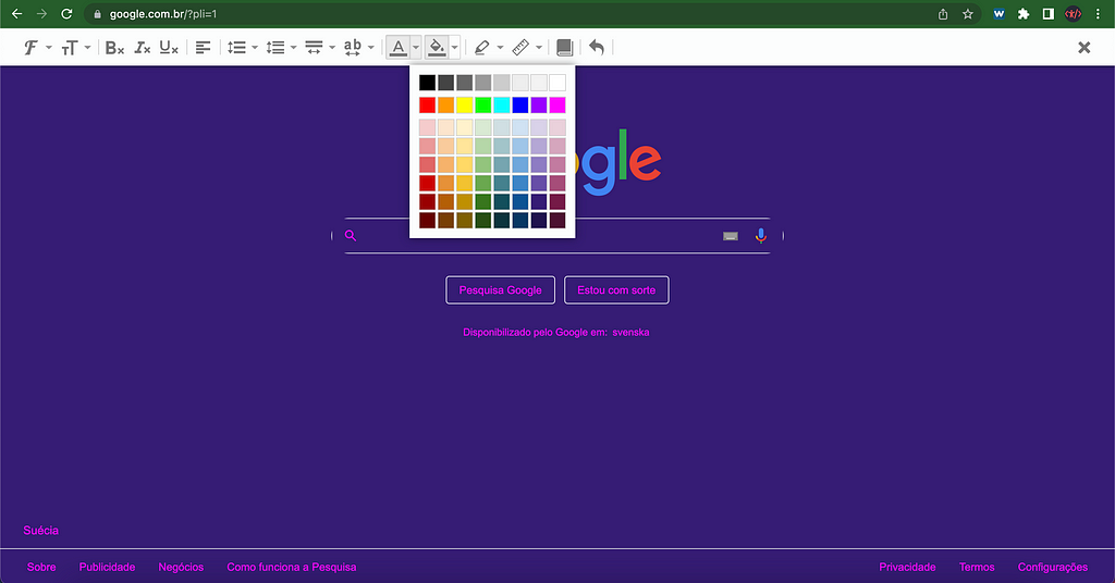 Screenshot of Google homepage with different background and text color