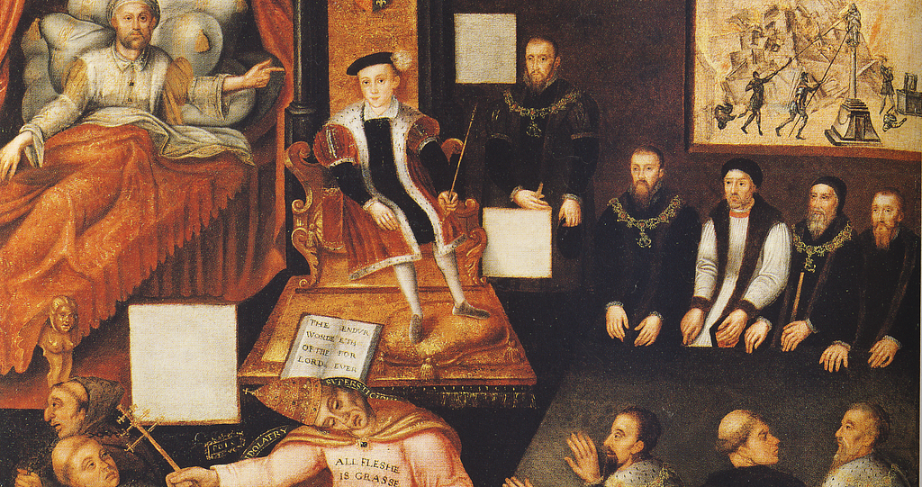 A painting of a young king in a red cloak sitting next to an older man in a large bed and in front of a pope who is slumped over, as well as several men in dark clothes sitting behind the young king.