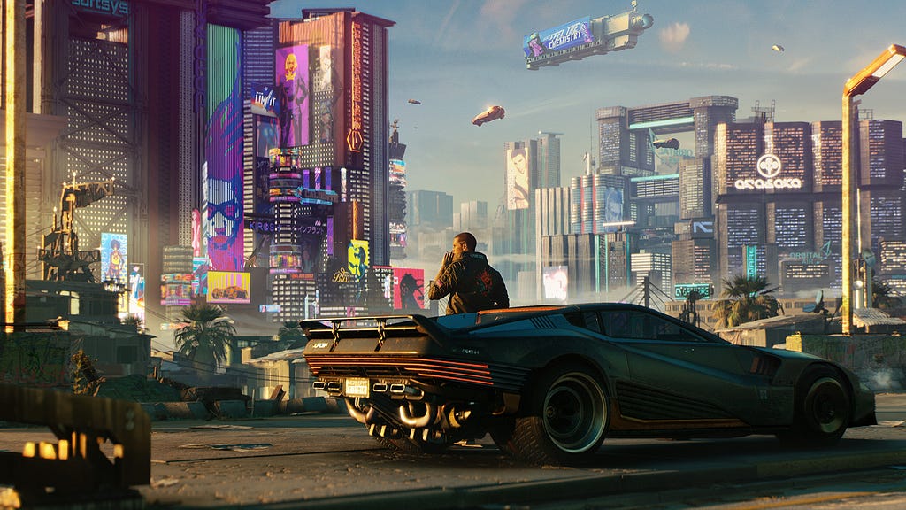 Cityscape of Cyberpunk’s Night City. Main character leans on car while planes fly overhead.