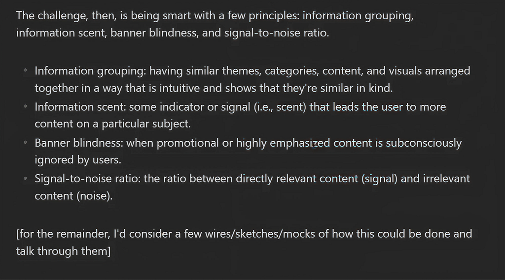 Dark‑mode editor screenshot showing a short paragraph about “being smart with a few principles” followed by four bulleted definitions: information grouping, information scent, banner blindness, and signal‑to‑noise ratio, with a final bracketed note about adding wires or sketches later.