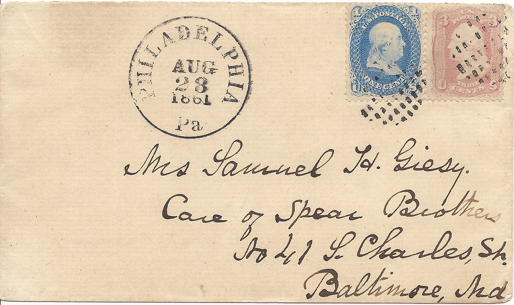 1861 envelope from Philadelphia to Baltimore