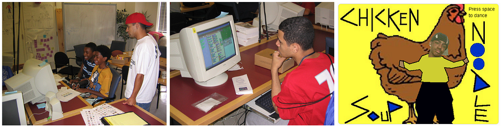 Left: 3 boys on a computer, Middle: 1 teenager on a computer, Right: Illustration of a chicken with a photo of a teen superimposed over it. Text says “Chicken Noodle Soup.”