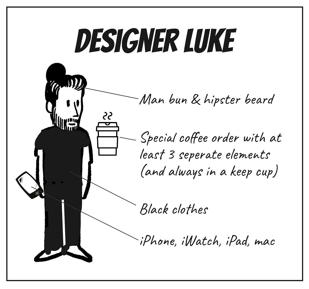 Image of a typical male designer with a man bun and hipster beard, black clothes, an iPhone, iWatch, iPad and mac, and a special coffee order with at least 3 separate elements (and always in a keep cup)