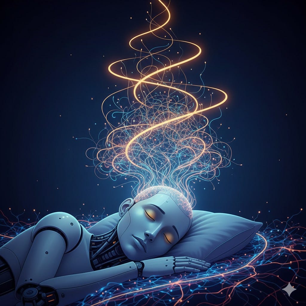 A model consolidating its knowledge during “sleep.” Dream pruning uses SVD decomposition to reorganize learned representations — keeping structure, discarding noise. Image generated with AI.