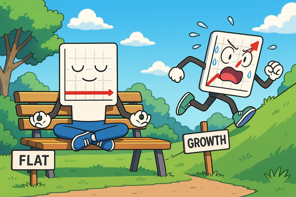 Two cartoon line graphs personified, one calmly meditating and one running uphill panicked