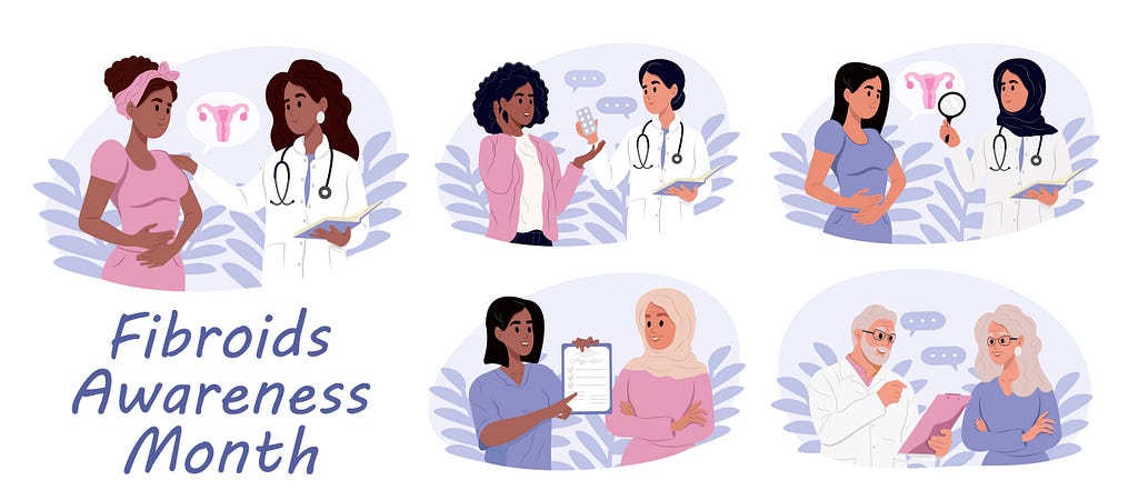 Fibroid Awareness Month graphic showing five beautiful, diverse women in different scenes talking with their doctors, highlighting education, care, and support for women’s health.