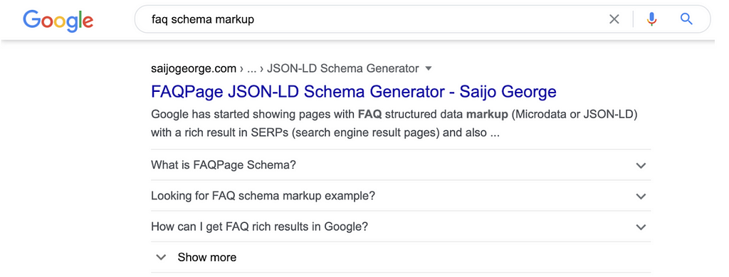 Google search page displaying FAQ schema markup rich snippet.