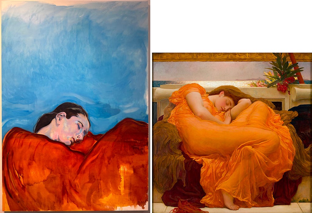 Left: Woman reclining with blanket covering her body. Right: Woman in orange drapery reclining on classical couch.