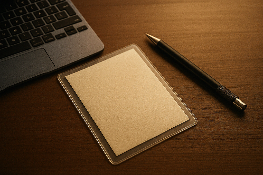 Blank paper in a protective sleeve beside a mechanical pencil and laptop on a wooden desk.