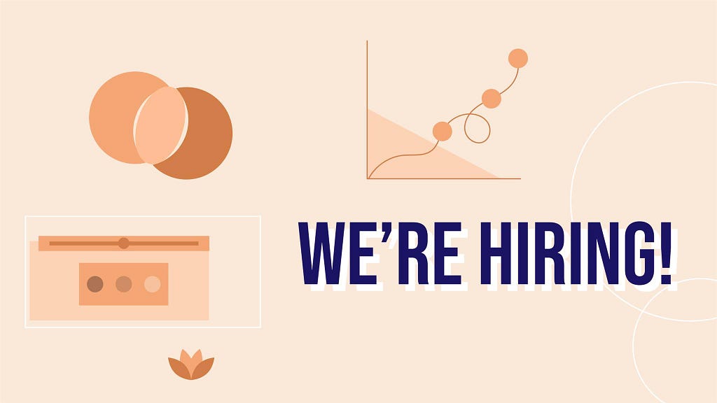 Abstract illustrations of a venn diagram, a plot, a web mockup, with the words “We’re Hiring!”
