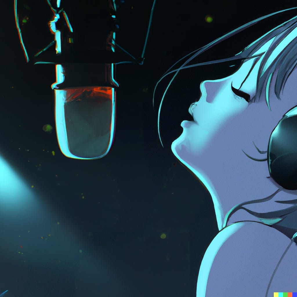 Girl alpha, eyes closed, headphones on, hair moving in front of her face, with her lips slightly parted, singing into a large condenser style microphone rig hanging in front of her face.