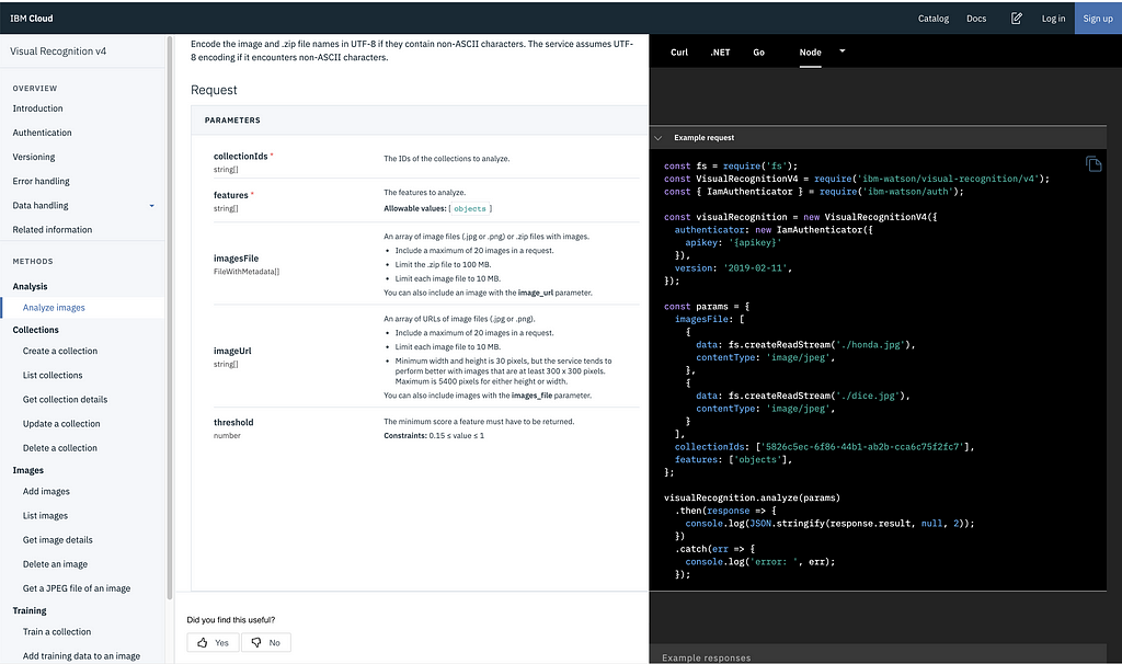 Visual Recognition API Reference for Node.js