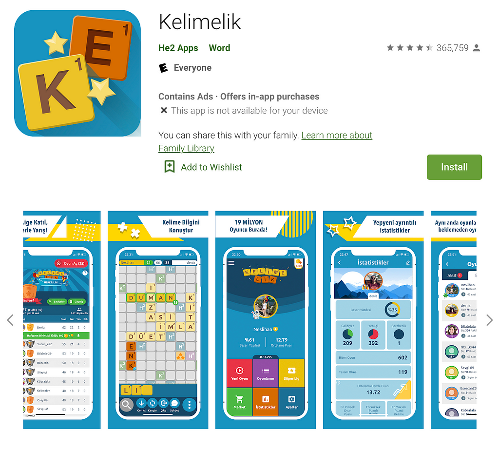 The kelimelik game’s listing on the Google Play store.