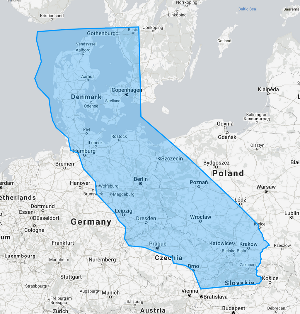 Outline of the state of California overlaid on northern Europe.