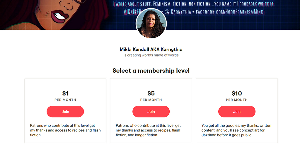 Membership levels on a writer’s Patreon profile