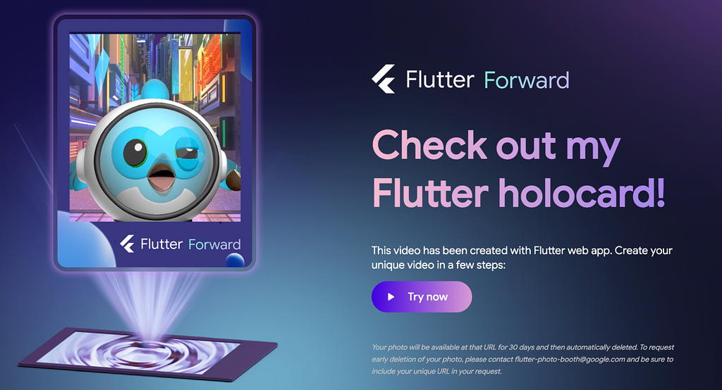 Holocard page with the first frame of a user’s dynamic photo on the left. Dash is wearing an astronaut suit in front of a futuristic city. On the right is the Flutter Forward event logo with the text “Check out my Flutter holocard” and a button that says “Try now” where users can take their own photo in the Holobooth.