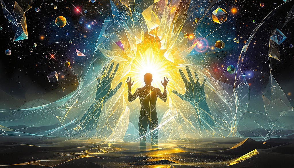Silhouetted figure breaking through a crystalline veil into a cosmic realm of light and geometric patterns.