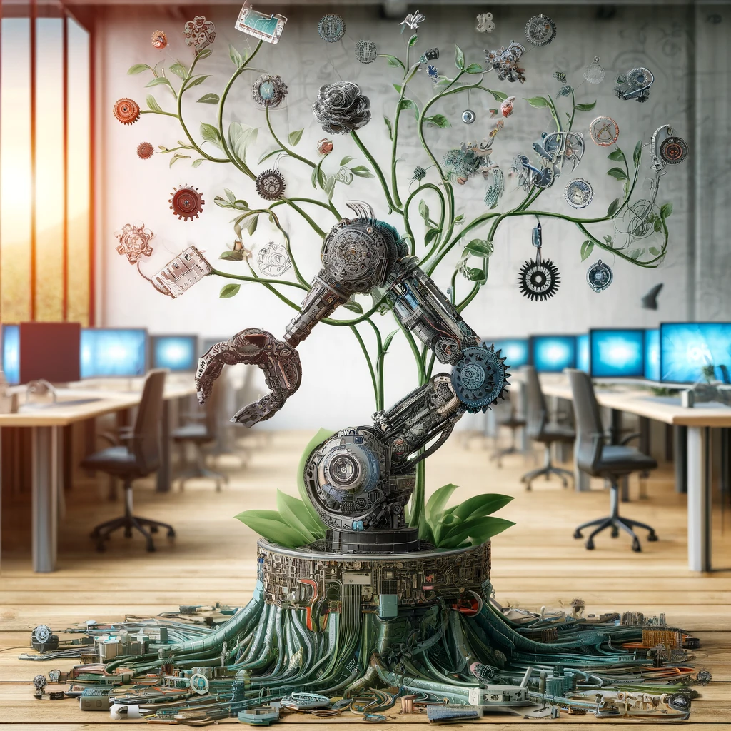 AI generated picture of hybrid plant with robotic elemsnt mixed. An office in the background.