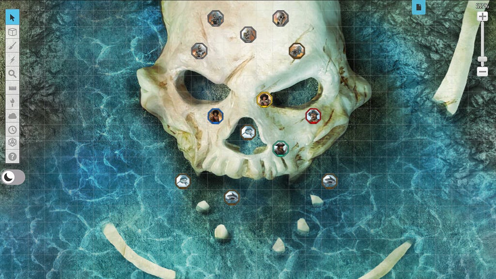 A skull in the middle of water on a Roll20 grid with tokens.