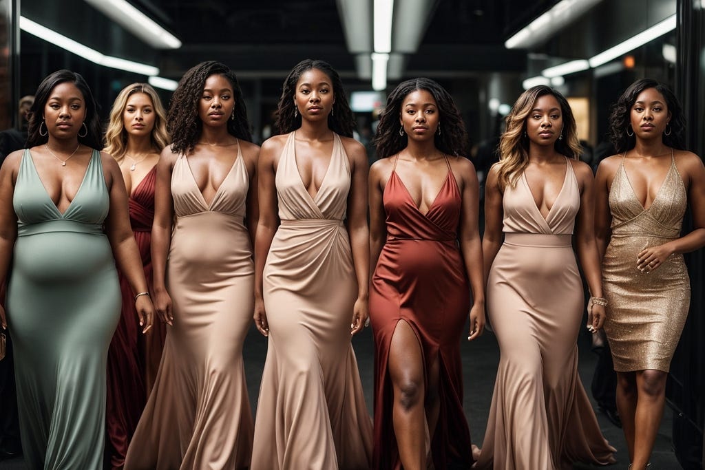 a diverse group of women confidently wearing various styles of tight dresses, each skillfully designed to subtly conceal belly fat, emphasizing elegance and radiance
