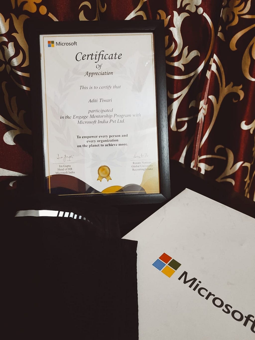 Certificate and T-shirt from Microsoft