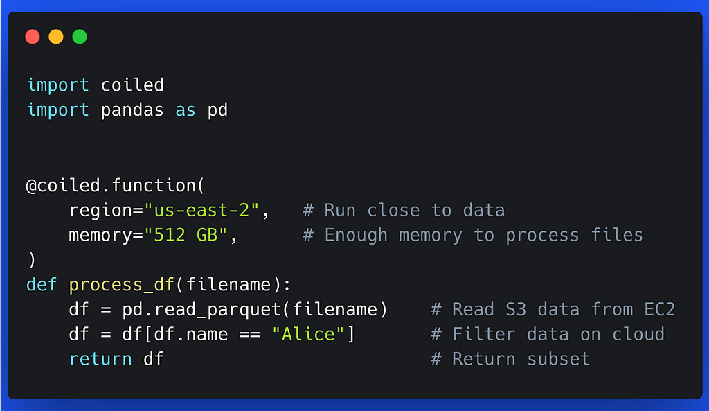 Code snippet showing Coiled Functions decorator