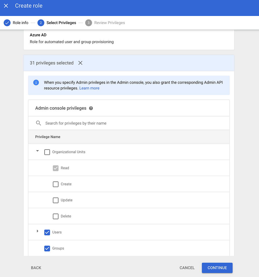 Form showcasing Role Creation with OU Read and Users and Groups permissions checked