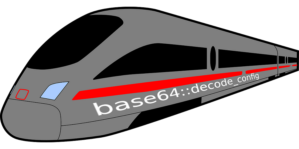 A bullet train with text on a side “base64::decode_config”.