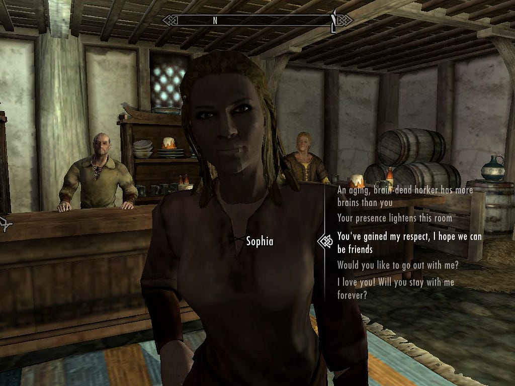 A typical interaction with an NPC in Skyrim.