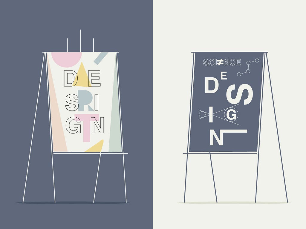 An easel and a flipchart which both say design, one with a art twist the other with a science feel