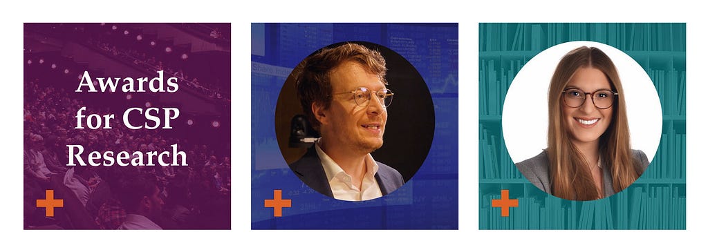 Three images in a banner: 1) “Awards for CSP Research”, 2) Photo of Florian Heeb during an interview 3) Sophia Jungk