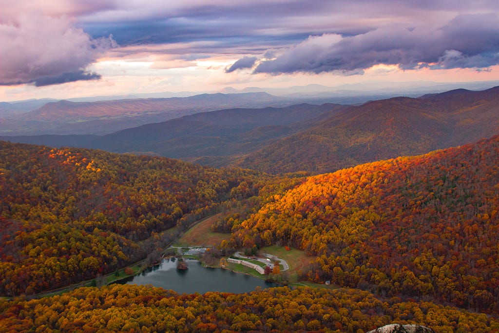 lake in a valley between the mountains in autumn