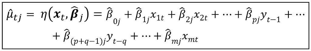 The conditional mean of a normally distributed y_t expressed as a linear combination of regression variables x_t, lagged versions of y_t, and Markov state dependent fitted coefficients β_cap_j